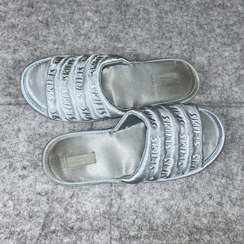 Skims Celeste Slippers Slides Baby Powder Blue Satin Shiny Limited - Women's 40